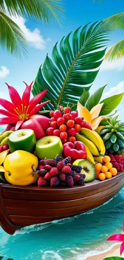 Vibrant tropical fruits floating in a boat against a beach background.