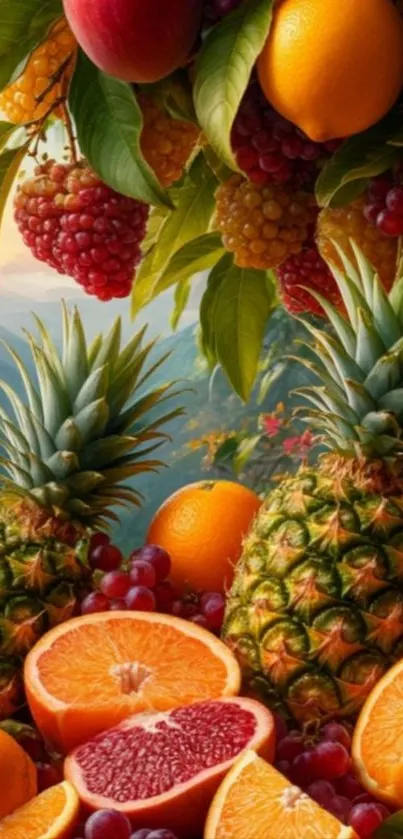 Vibrant tropical fruits with oranges, pineapples, and berries.
