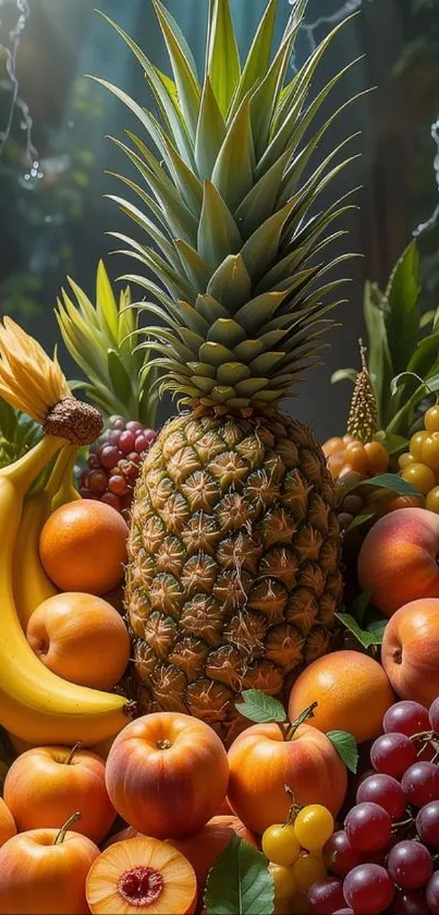 Vibrant tropical fruit arrangement with pineapple.