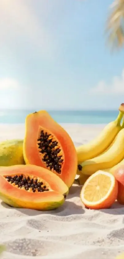 Tropical fruits on a sandy beach with a bright sky and palm leaves.