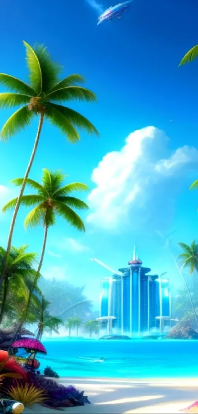 A futuristic beach with blue waters and palm trees under a bright sky.