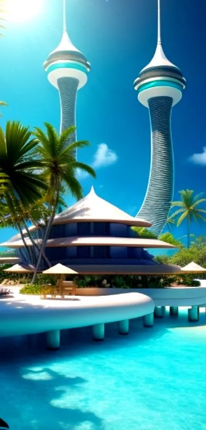 Futuristic towers on a tropical island with vibrant blue waters.