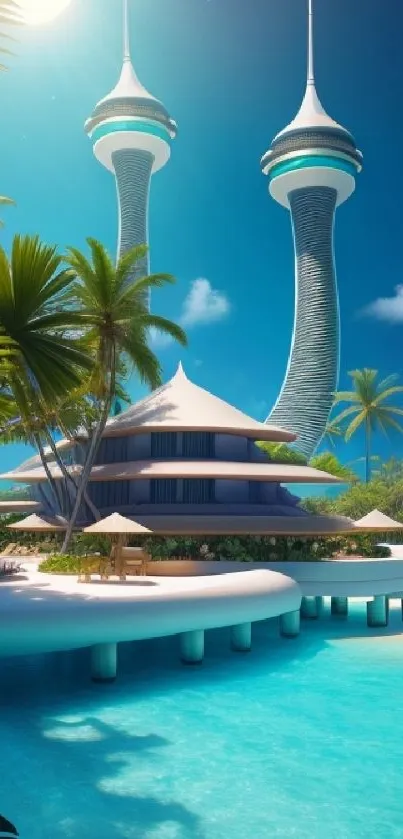 Futuristic tropical island with towers and blue lagoon.