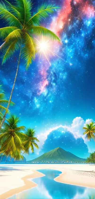 Tropical beach with palm trees under a vibrant galaxy sky.