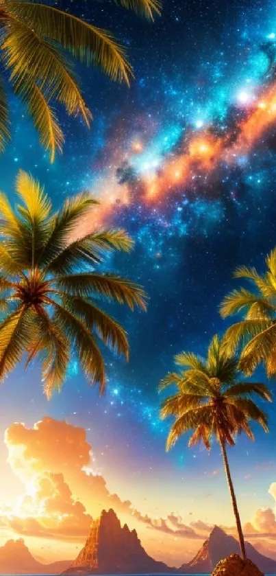 Tropical beach with palms and starry galaxy sky.