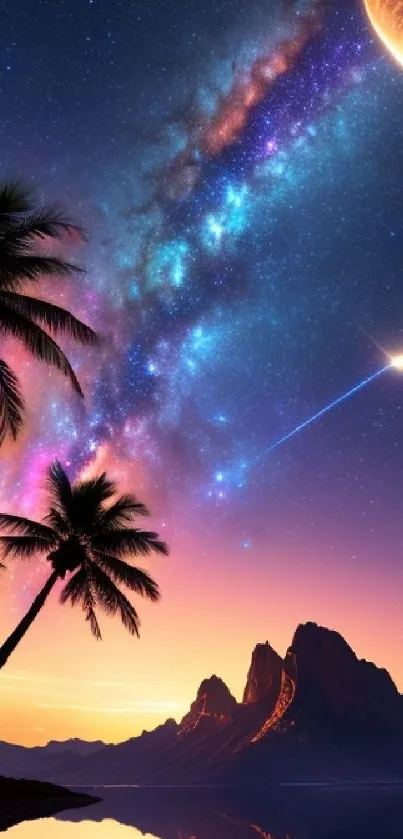 Tropical nightscape with palms and galaxy sky displaying celestial beauty.