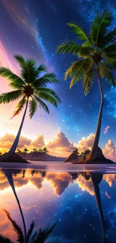 Tropical landscape with palm trees and a cosmic night sky reflection.