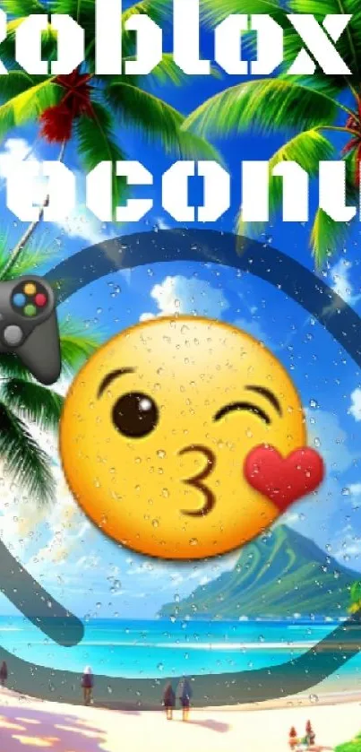 Tropical beach scene with emoji and game controller elements.