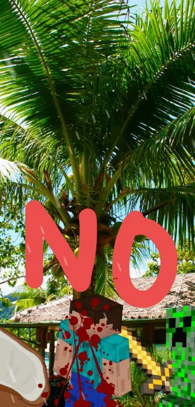 Vibrant tropical scene with palm trees and game characters on a mobile wallpaper.