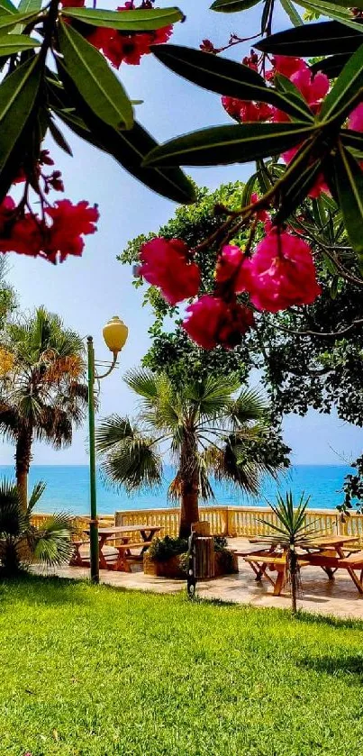 Serene tropical garden with ocean view and vibrant flora under blue skies.