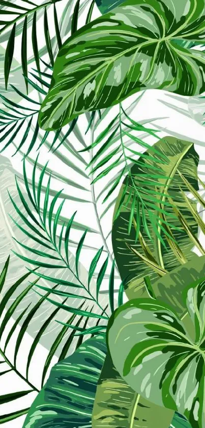 Tropical green leaf pattern wallpaper with vibrant foliage.