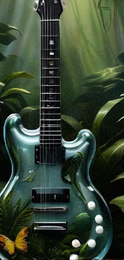 Guitar with tropical jungle design on a forest background.