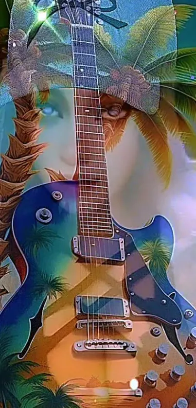 Colorful guitar with tropical palm design on wallpaper background.