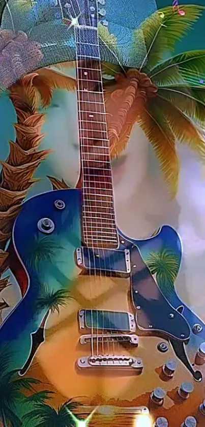 Vibrant tropical guitar with palm trees in background.