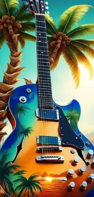 Vibrant tropical guitar with palm trees on a sunset beach background.