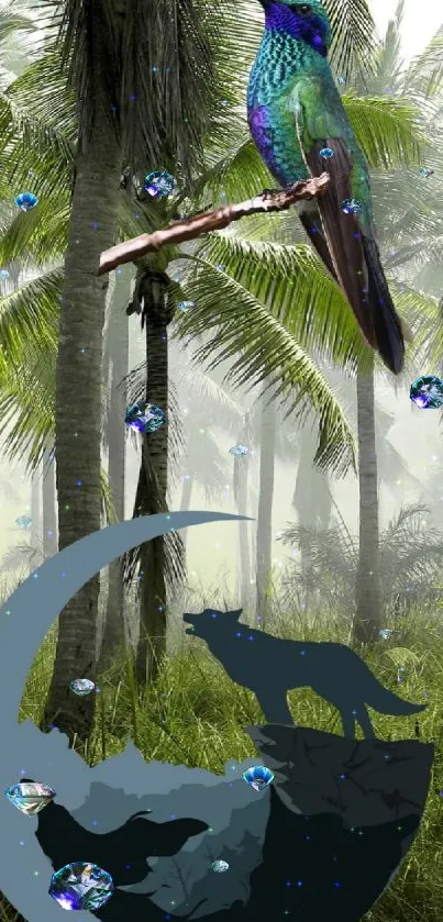 Vibrant hummingbird and palm trees in forest wallpaper.