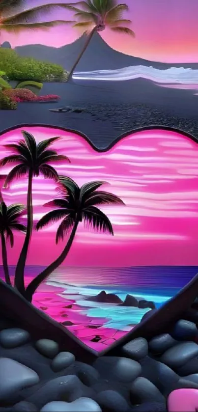 Tropical heart-shaped beach sunset with pink skies and palms.