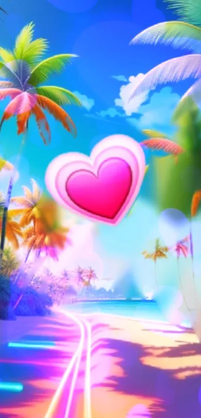 Tropical neon beach with radiant heart design.