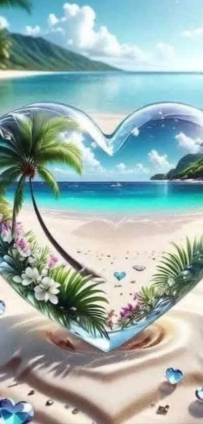 Tropical paradise heart beach with palm trees and ocean view.