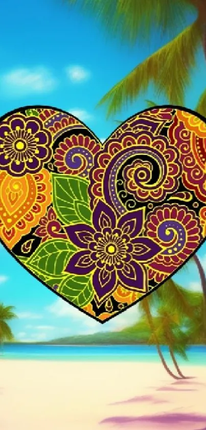 Tropical beach wallpaper with mandala heart design and palm trees.