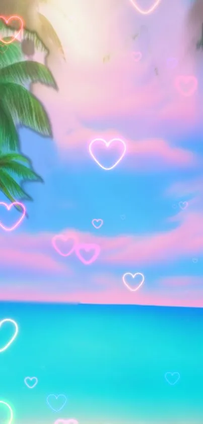 Tropical beach wallpaper with neon hearts and palm trees on a serene ocean backdrop.