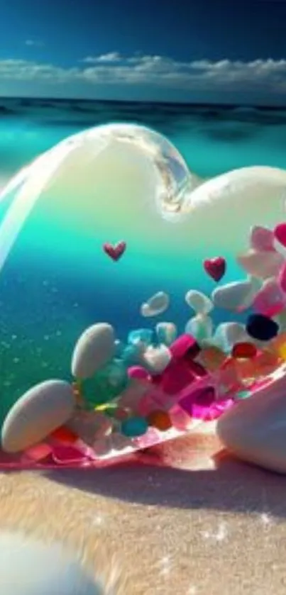Heart-shaped glass with pebbles on a tropical beach wallpaper.