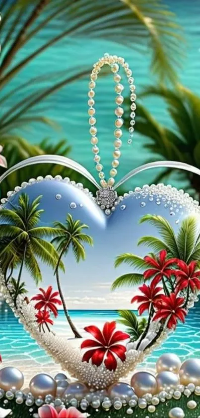 Tropical heart-shaped paradise with palm trees and flowers.
