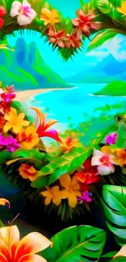 Heart of colorful flowers framing a beach