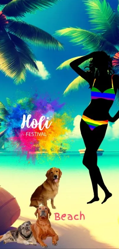 Tropical beach Holi festival wallpaper with silhouette and dogs.