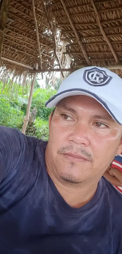 Man relaxing in rustic tropical hut with a lush green backdrop.