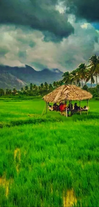 Tropical hut amidst lush green fields and palm trees under a dramatic sky.