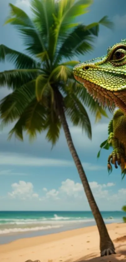 Iguana and palm trees on tropical beach wallpaper.