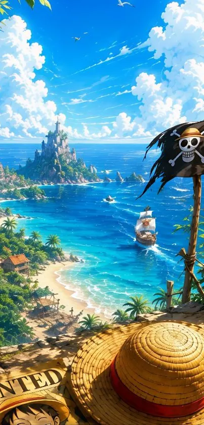 Pirate-themed tropical island with ship and flag.