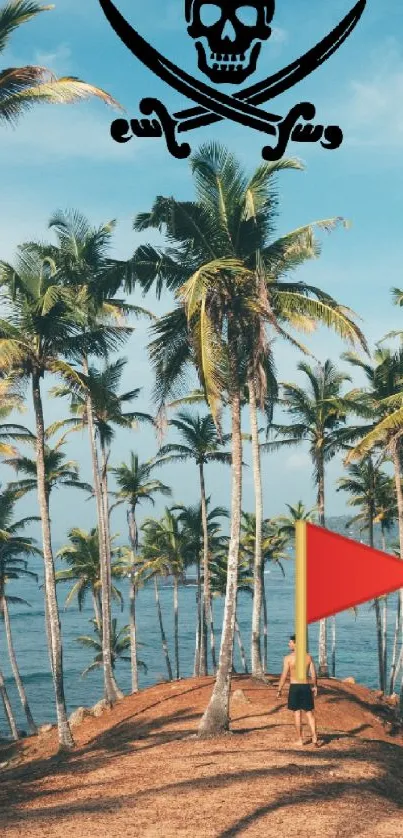 Palm trees on a tropical island with pirate emblem and ocean view.