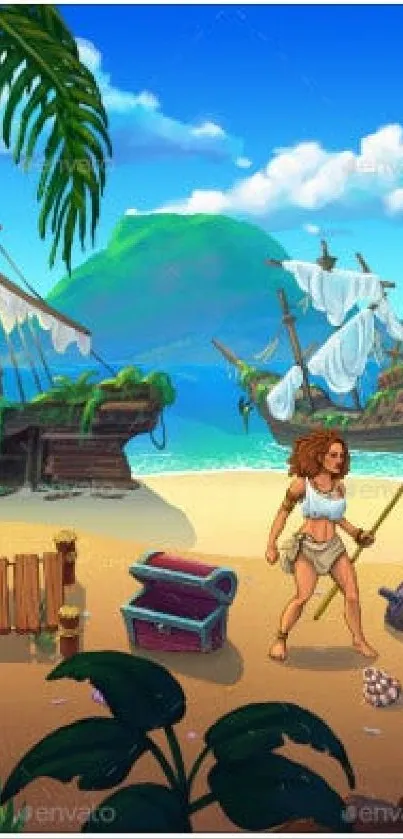 Animated tropical island adventure wallpaper with ships and treasure.