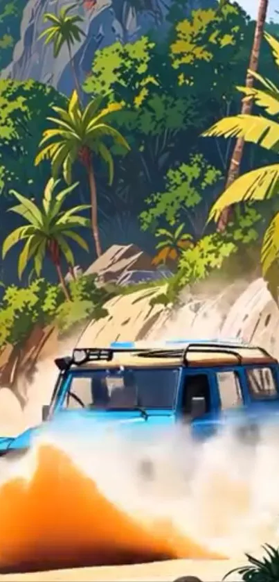 A blue jeep driving on a tropical beach with palm trees around.