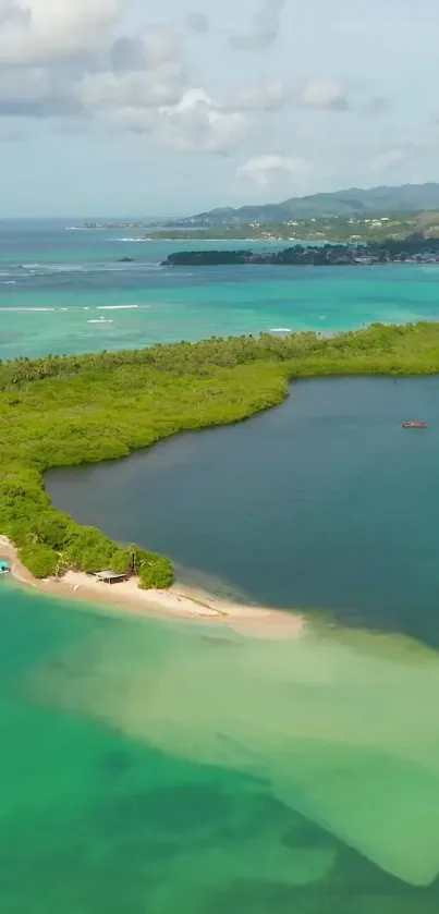 Aerial view of a tropical island with turquoise waters and lush greenery.