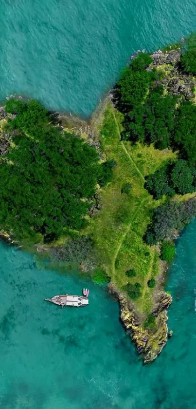 Aerial view of a lush tropical island in turquoise sea.