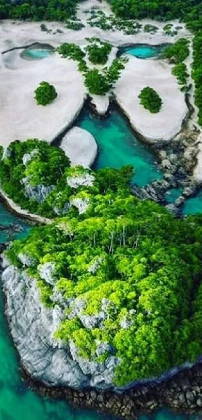 Aerial view of tropical island with lush greenery and turquoise waters.