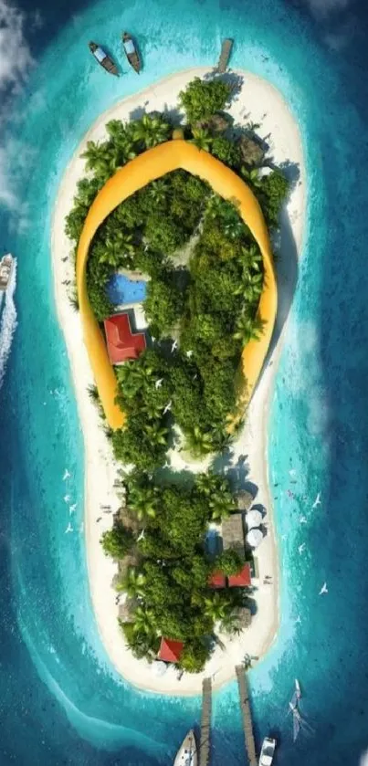 Aerial view of a tropical island surrounded by turquoise waters and green vegetation.