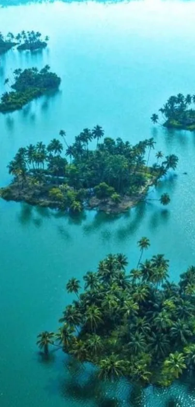 Aerial view of tropical islands with turquoise water and lush greenery.