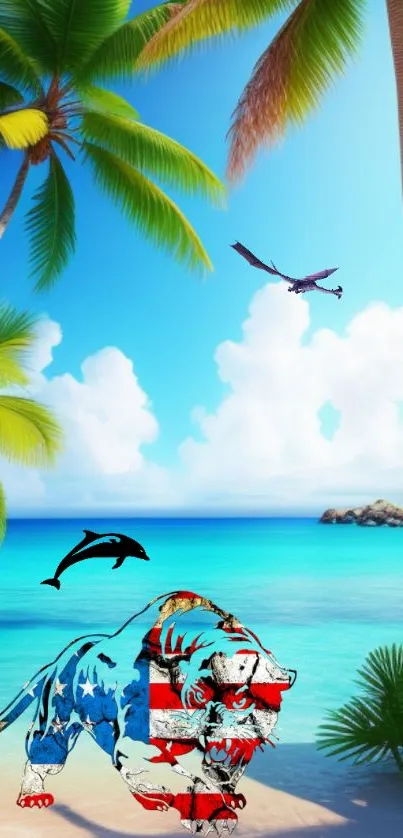 Colorful tropical island scene with animals.