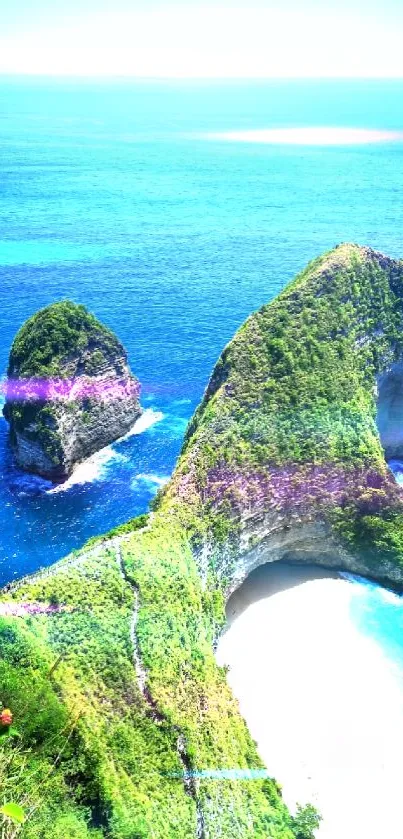 Tropical island with blue sea and lush green cliffs