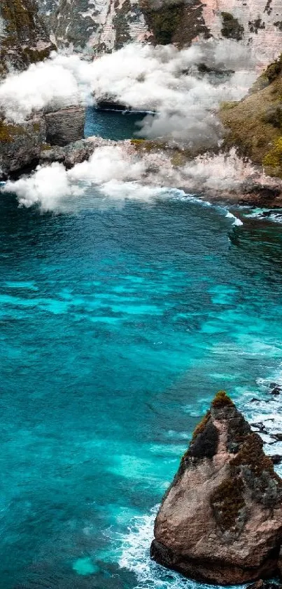 Tropical island beach with turquoise water and cliffs.