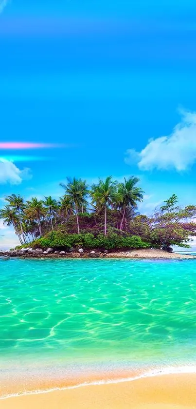 Tropical island with palm trees and blue ocean under a clear sky.