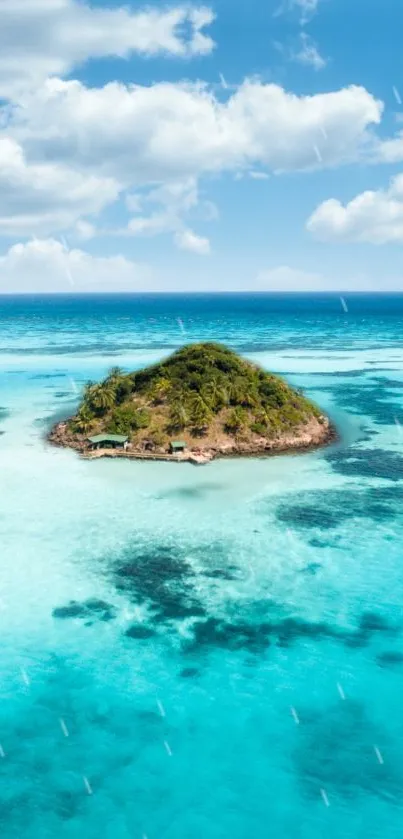 Aerial view of a small tropical island surrounded by crystal clear turquoise water.