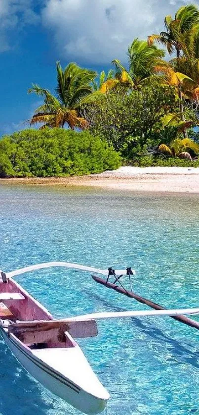 Tropical island with canoe and palm trees in vibrant blue water.