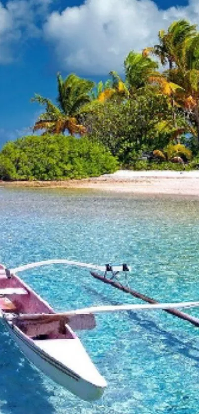 Tropical boat on serene blue waters with lush palm trees in background.