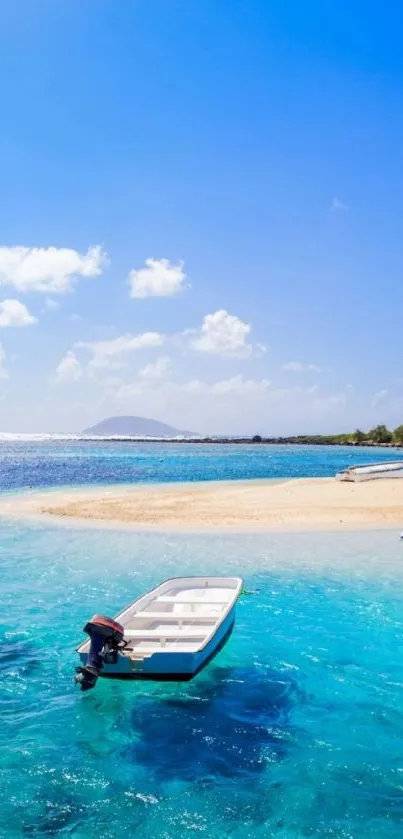 A small boat on turquoise water near a tropical island beach.