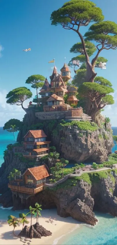 Tropical island castle on a cliff above a blue ocean, surrounded by lush greenery.